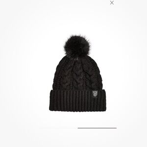 NWT Victoria's Secret Cozy Cable-Knit Pom Beanie Hat Black Bling O/S